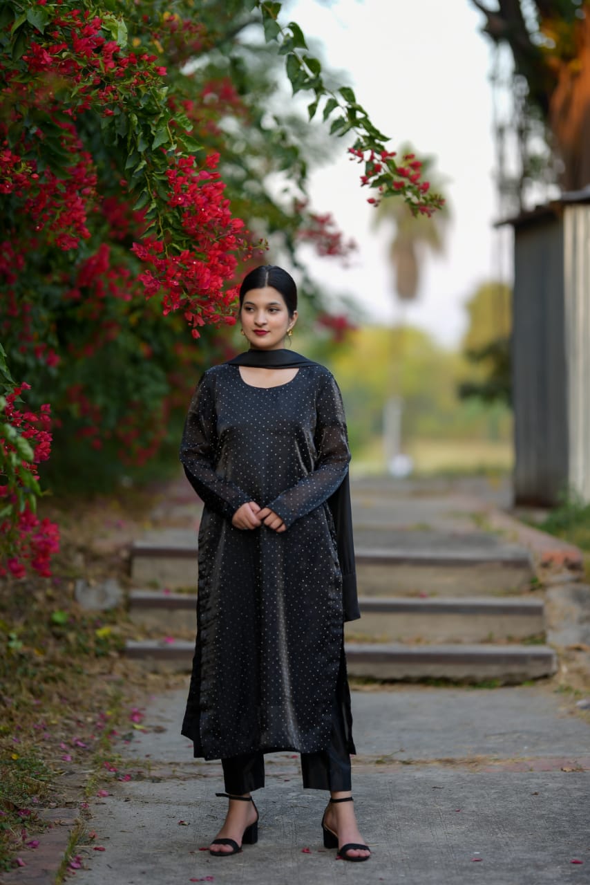 Black Korean Silk Dress with Stones Seesha Silk Dubatta with Silk Border