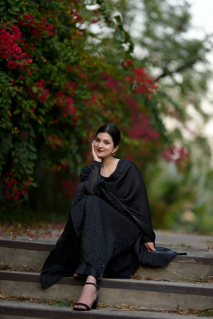 Black Korean Silk Dress with Stones Seesha Silk Dubatta with Silk Border