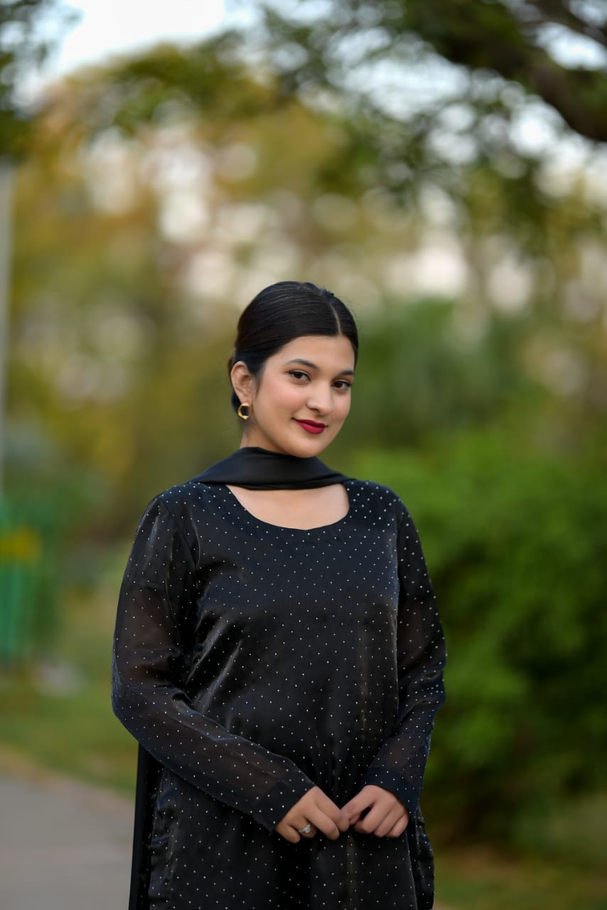 Black Korean Silk Dress with Stones Seesha Silk Dubatta with Silk Border