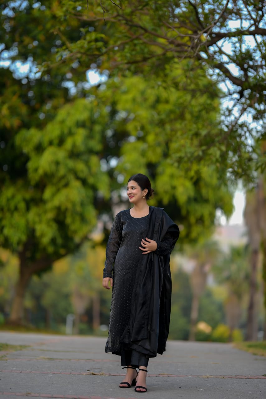 Black Korean Silk Dress with Stones Seesha Silk Dubatta with Silk Border