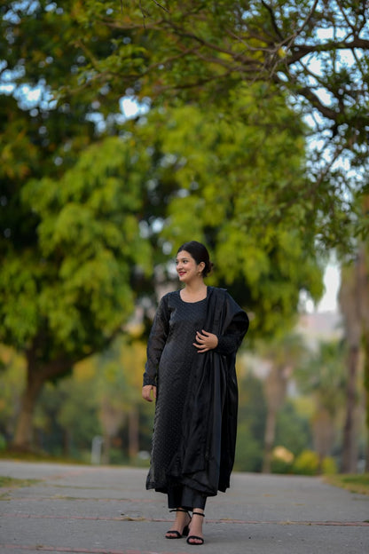 Black Korean Silk Dress with Stones Seesha Silk Dubatta with Silk Border