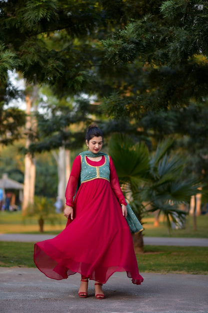 Chiffon Frock with attach Chiffon Koti and Chiffon Dybatta