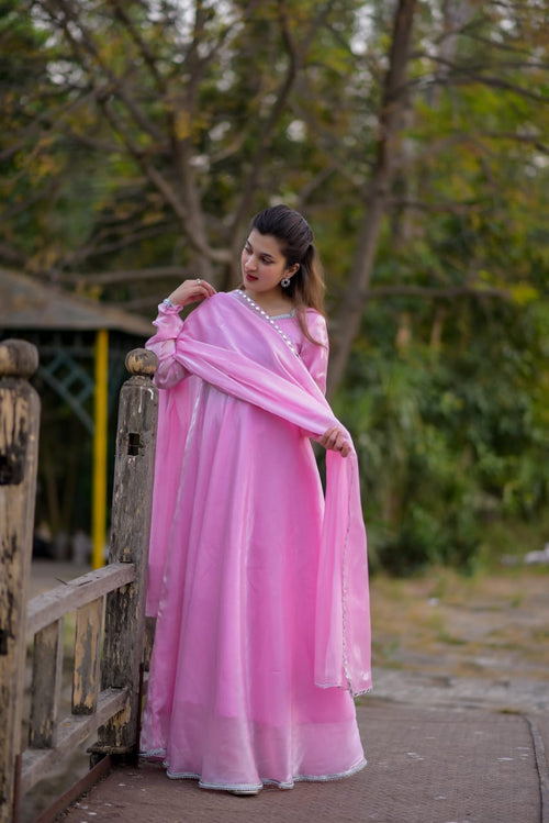 Pink Frock Seesha Silk Fabric Stones Lases on neck Borders on Selves