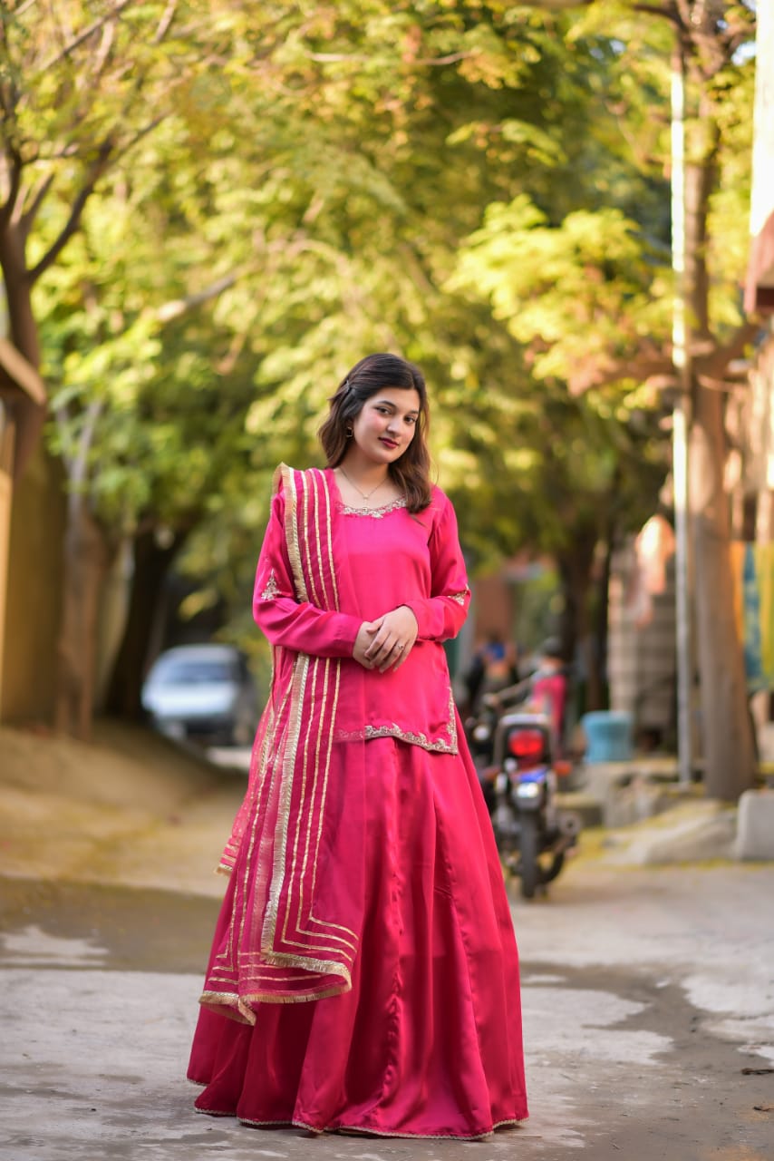 Pink Lengha Shamoz Silk Fabric
