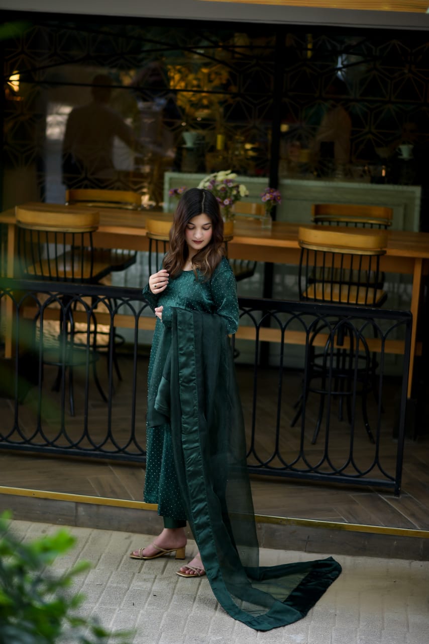 Green Korean Silk Dress with Stones Seesha Silk Dubatta with Silk Border