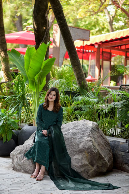 Green Korean Silk Dress with Stones Seesha Silk Dubatta with Silk Border