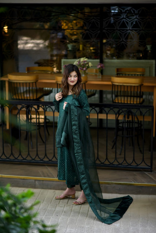 Green Korean Silk Dress with Stones Seesha Silk Dubatta with Silk Border