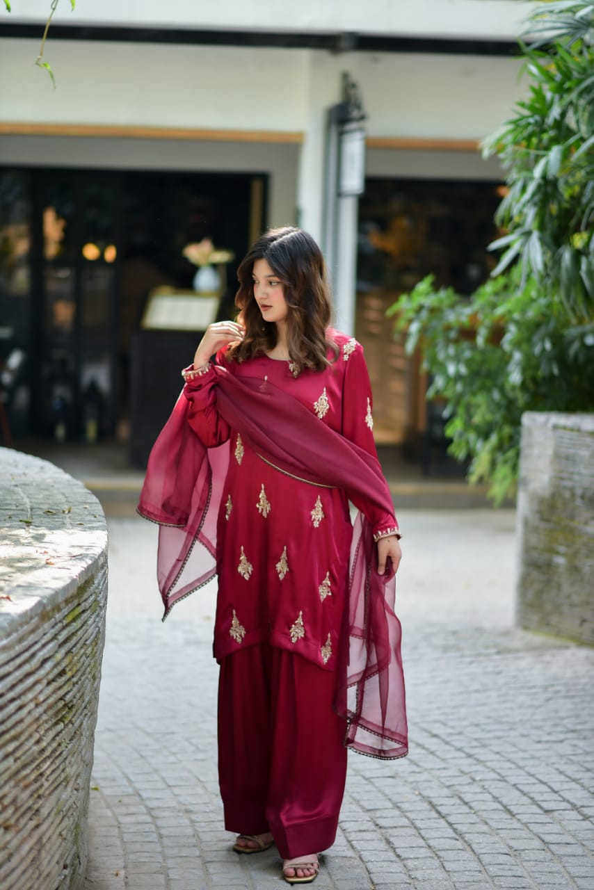 Farshi Shalwar Silk Fabric with Hand Embriodery