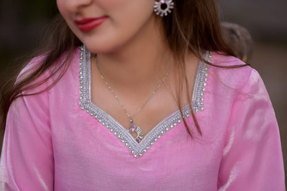 Pink Frock Seesha Silk Fabric Stones Lases on neck Borders on Selves