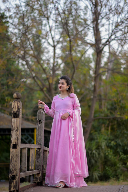 Pink Frock Seesha Silk Fabric Stones Lases on neck Borders on Selves