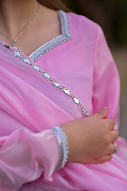 Pink Frock Seesha Silk Fabric Stones Lases on neck Borders on Selves