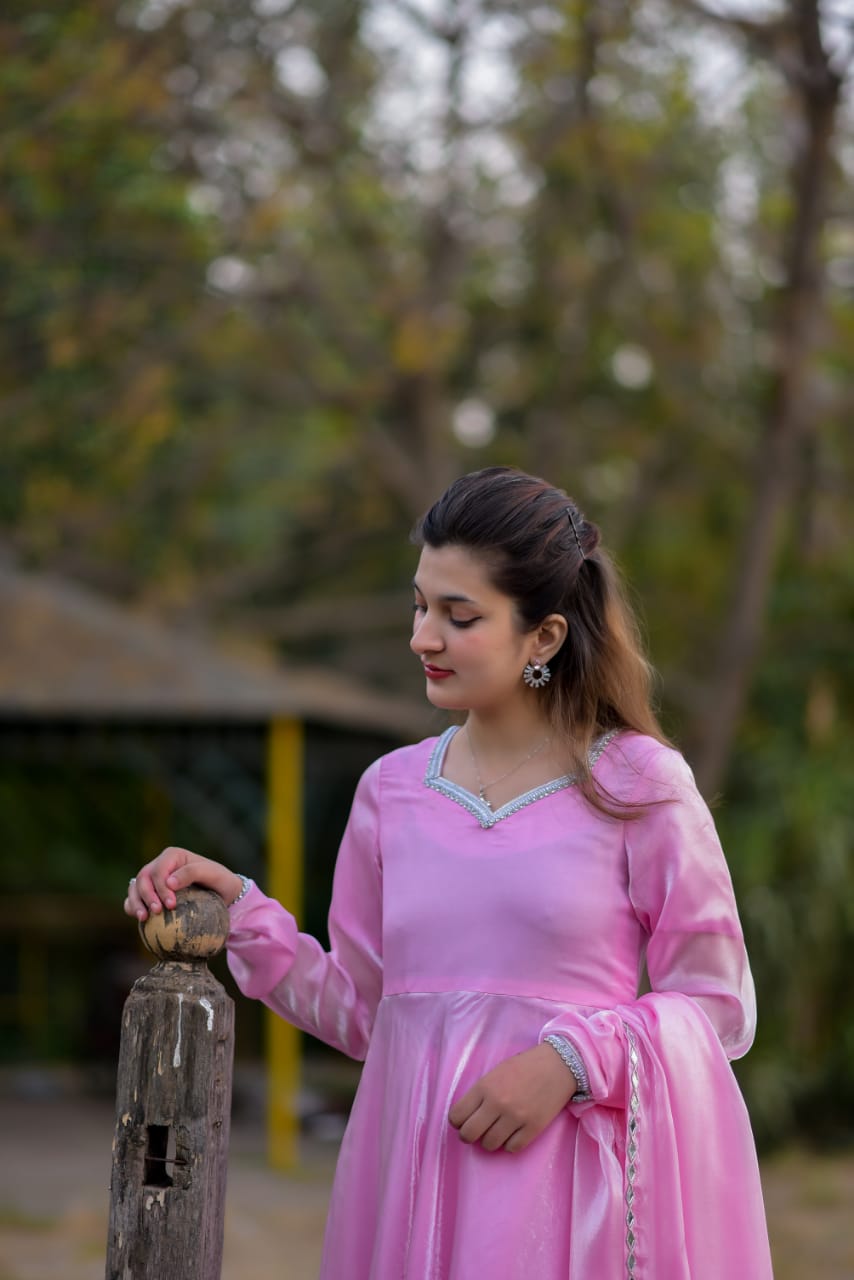 Pink Frock Seesha Silk Fabric Stones Lases on neck Borders on Selves