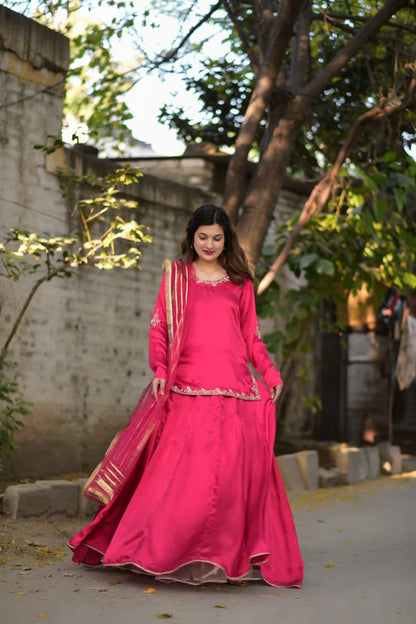 Pink Lengha Shamoz Silk Fabric